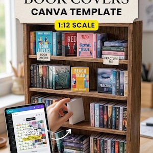 May include: A 1:12 scale miniature book cover Canva template featuring a wooden bookshelf filled with various small books. The digital tablet displays the editable template design. Text includes MINIATURE BOOK COVERS CANVA TEMPLATE.