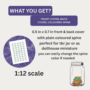 May include: A digital sheet of miniature book covers featuring front, back, and spine designs. The text reads WHAT YOU GET? FRONT COVER, BACK COVER, COLOURED SPINE, 0.5 in x 0.7 in front & back cover, 1:12 scale. A glass jar contains a stack of small books.