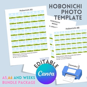 May include: A bundle of printable Hobonichi photo templates in A5, A6, and Weeks sizes. The templates feature a grid of small squares with a landscape design. The A5 template is 1.0 inches high and 1.29 inches wide. The A6 template is 0.78 inches high and 0.94 inches wide.