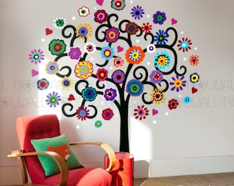 Mexican Folk Art Colorful Flower Tree Wall Decal Playroom Wall Sticker Girls Room Wall Decals & Murals