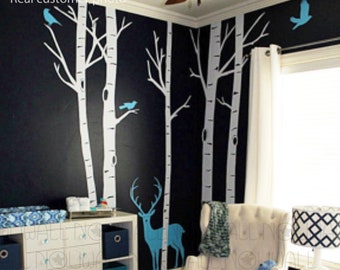 Removable White Winter Birch Tree Wall decal Buck Deer wall decals wall sticker