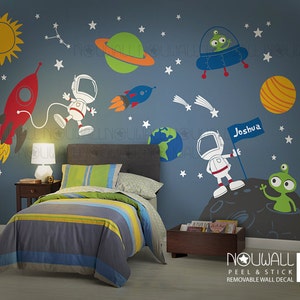 Space wall decal Planets Astronaut Boy Star Children Rocket Ship Alien Galaxy wall decal walls sticker image 1