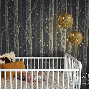 Golden color Birch Tree On Dark Grey Background with Stars Peel & Stick Wallpaper magical theme wall decal wall sticker