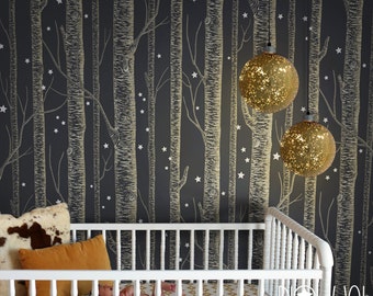 Golden color Birch Tree On Dark Grey Background with Stars Peel & Stick Wallpaper magical theme wall decal wall sticker