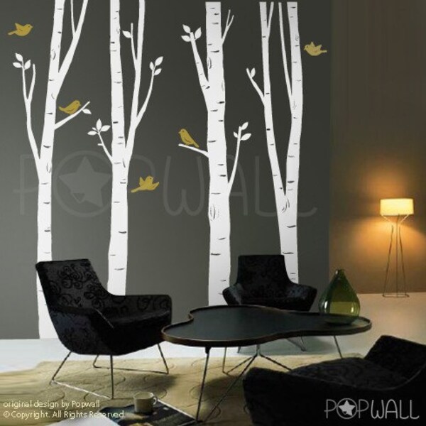 Vinyl Wall Decal Sticker Art - Birch Tree Wall Decal - EXTRA 10 FREE FLYING BIRDS - 075
