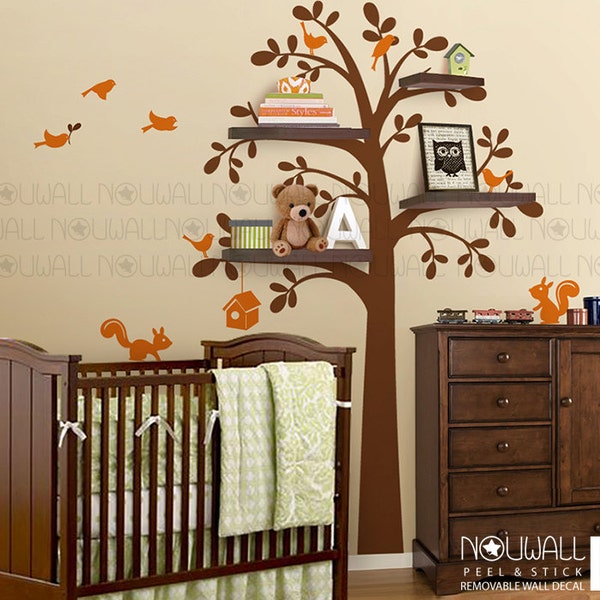 Étagère arbre avec oiseaux et écureuils nichoir sticker mural autocollant enfants bébé enfants stickers muraux chambre d'enfant