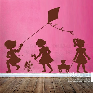 Little Girls silhouette picking flowers pulling wagon and flying a kite Children Kids Wall Sticker Wall Decal image 1