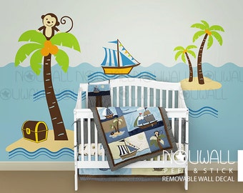 Ahoy Matey Breezy Beach Palm Trees with Monkey Nursery Baby  Wall Sticker Wall Decal