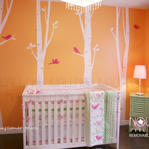 Autocollant mural bouleaux avec oiseaux, autocollant mural artistique, autocollant d'arbre