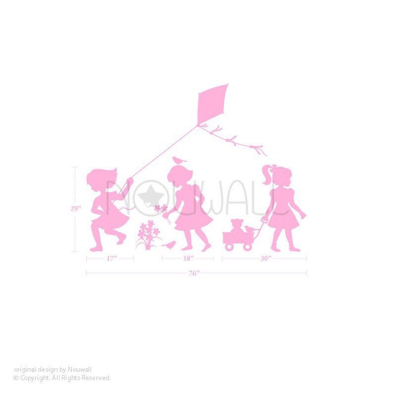 Little Girls silhouette picking flowers pulling wagon and flying a kite Children Kids Wall Sticker Wall Decal image 2