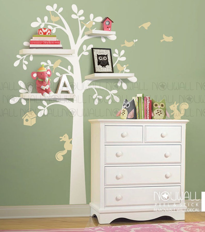 Shelving Tree with Birds & Squirrels birdhouse Wall Decal Wall sticker Children Baby Kids nursery wall decals image 2