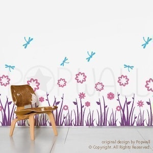 Grass Land with Flowers Wall Decal and Dragonflies Wall Decal Wall Sticker Art Wall Graphic