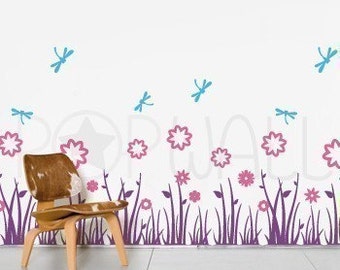 Grass Land with Flowers Wall Decal and Dragonflies Wall Decal Wall Sticker Art Wall Graphic