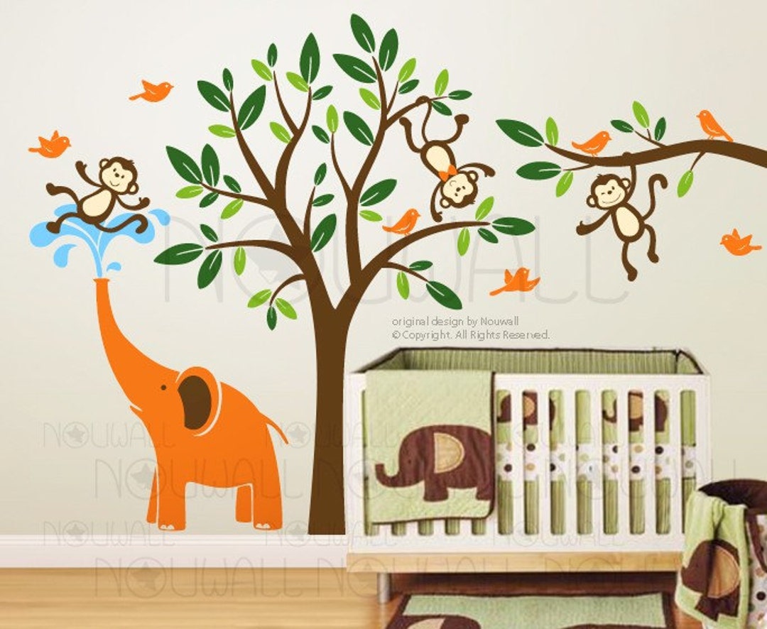 Tree Children Nursery Kid Branch Monkeys & Elephant Wall Decal Wall ...