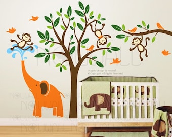 Children Tree Wall Decals Monkeys playing with elephant spraying water Wall decal Wall Sticker