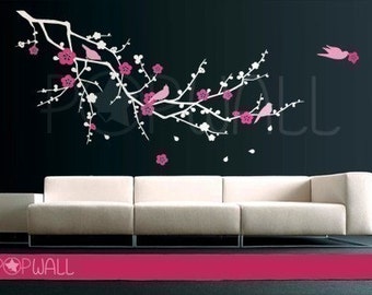 Cherry Blossom tree branch Wall decal with Birds Wall Decal Wall Sticker Vinyl Art Wall Graphic