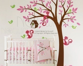 Swaying Tree Wall decal Squirrel Wall Decal bird house wall decal Wall Sticker wall decor home decor