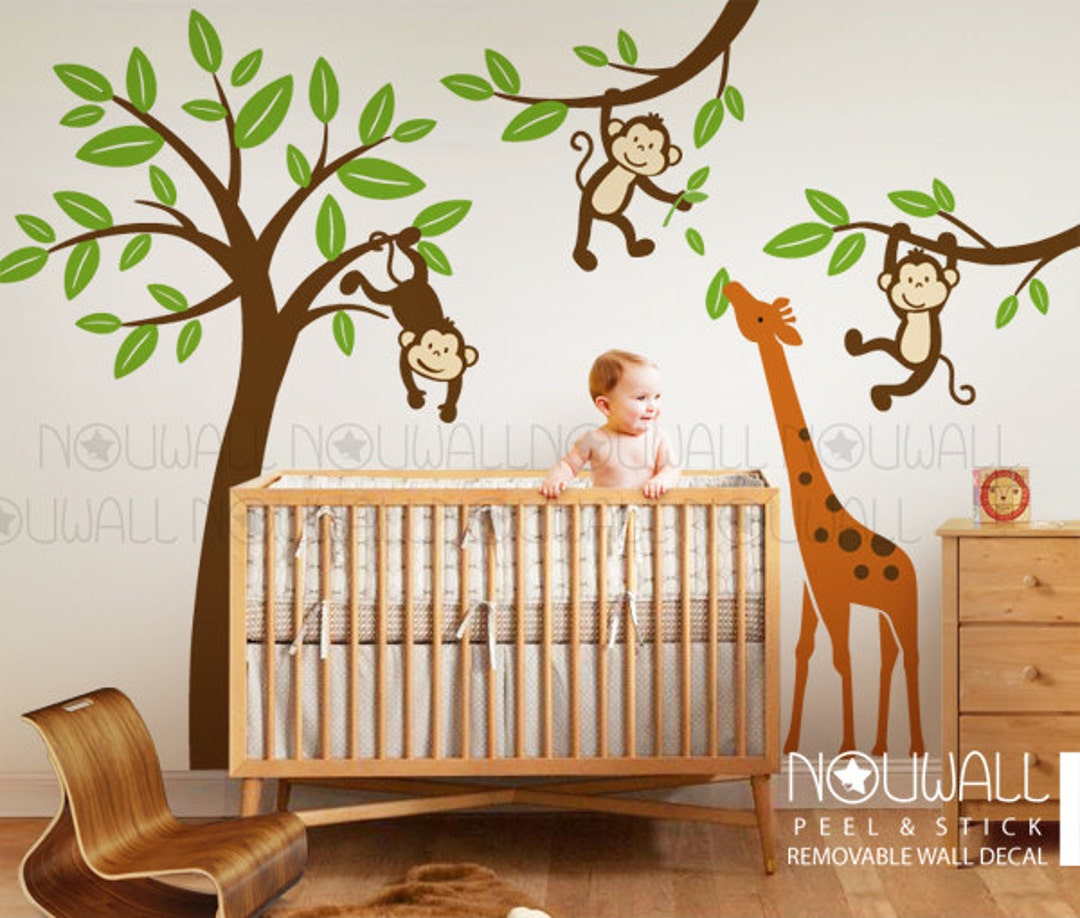 Monkeys Hanging on Tree With Giraffe Wall Decal Kids Nursery Wall ...