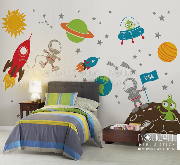 Space Wall Decal Planets Astronaut Boy Star Kids Rocket Ship Alien Wall ...