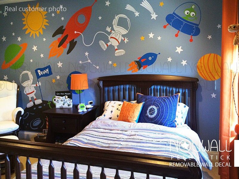 Space Wall Decal Planets Astronaut Boy Star Kids Rocket Ship Alien Wall ...