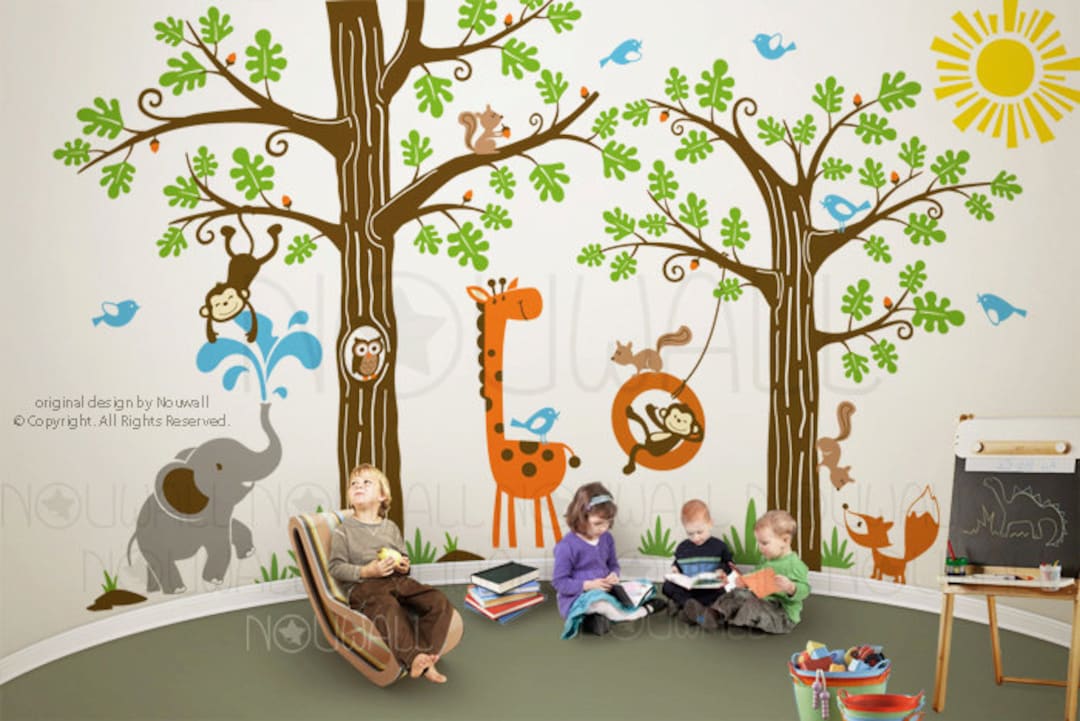 Wondrous Woodland Tree Wall Decal Elephant Giraffe Fox Monkey Nursery ...