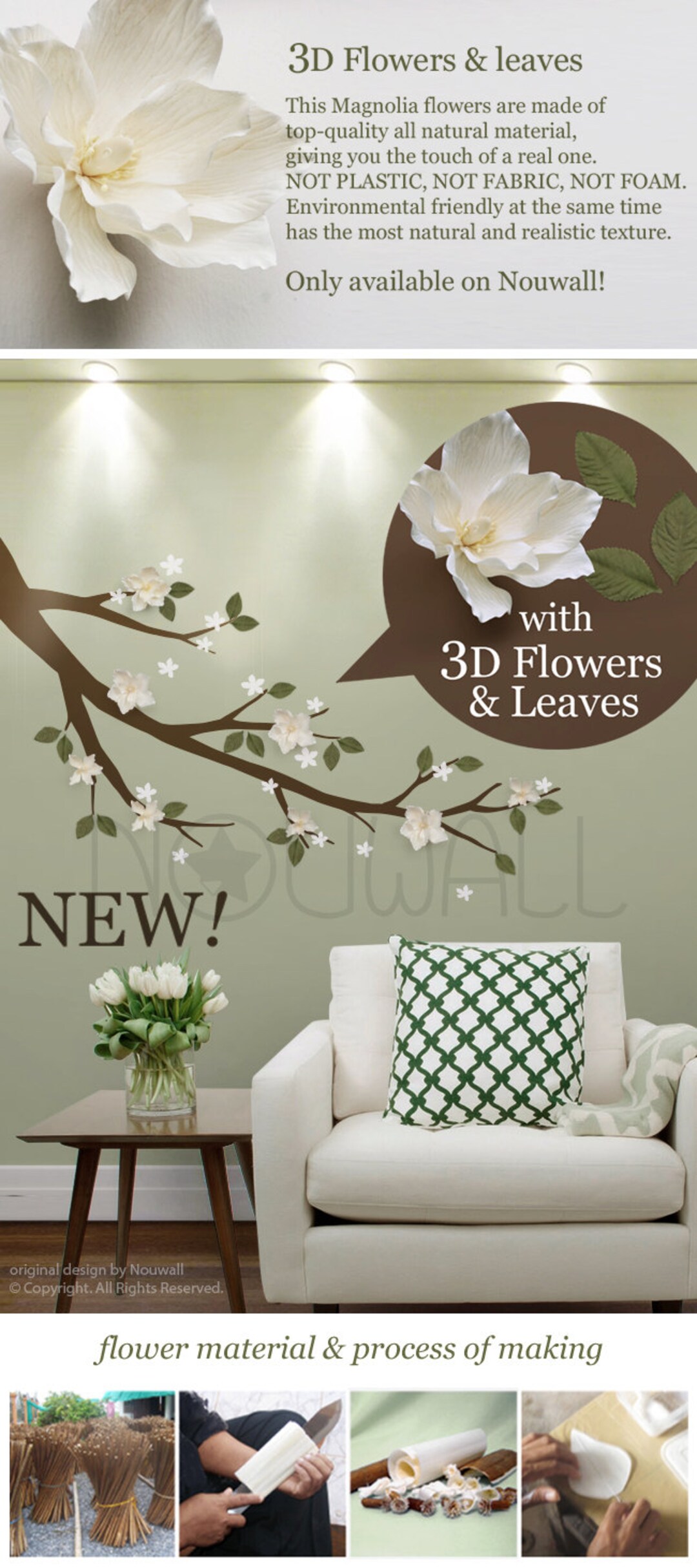 Wall Decal Sticker Magnolia Branch With White 3D Flowers and Etsy
