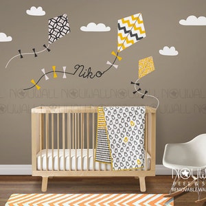 Calcomanía de pared de guardería, pegatina de pared para niños, calcomanía de cometa voladora con calcomanía de nombre personalizado