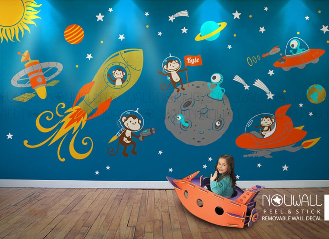 Monkey Wall Decal Space Astronaut Alien Planet Astro Baby Boys Wall ...