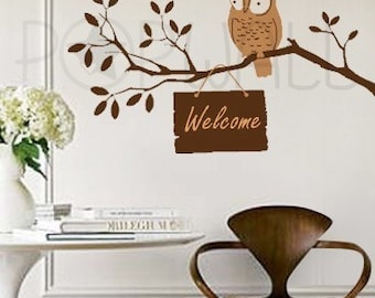 Owl on Tree Branch Wall decal Welcome Sign Wall decals wall sticker wall graphic