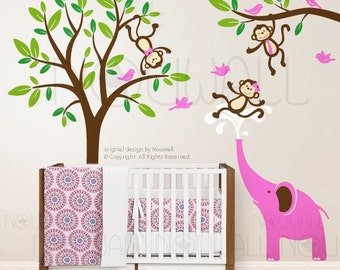 Monkeys & Elephant Wall Decal Tree Children Kid Nursery Wall decal wall sticker home decor