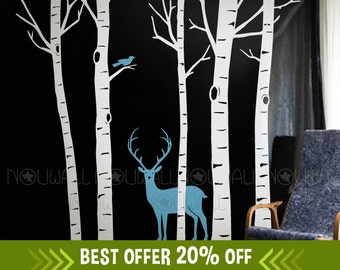 Removable White Winter Birch Tree Wall decal Buck Deer wall decals wall sticker