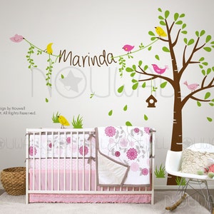 Birdie tree wall decals with Custom Name on string Nursery Baby Children Wall decal Wall Sticker
