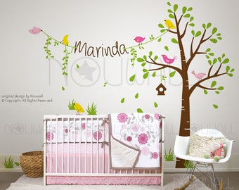 Birdie tree wall decals with Custom Name on string Nursery Baby Children Wall decal Wall Sticker