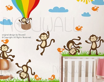 Vinyl Wall Decal Wall Sticker Kids Decal Sunny Day Monkey on Grass, hot air balloon