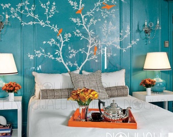 Chinoiserie Flowering Branch with Exotic Birds Tree Wall Decal Wall Sticker Wallpaper