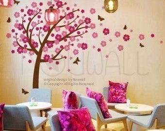 Wall Sticker Wall Decal Windy Flowery Tree Decal with Butterflies Nursery Decal