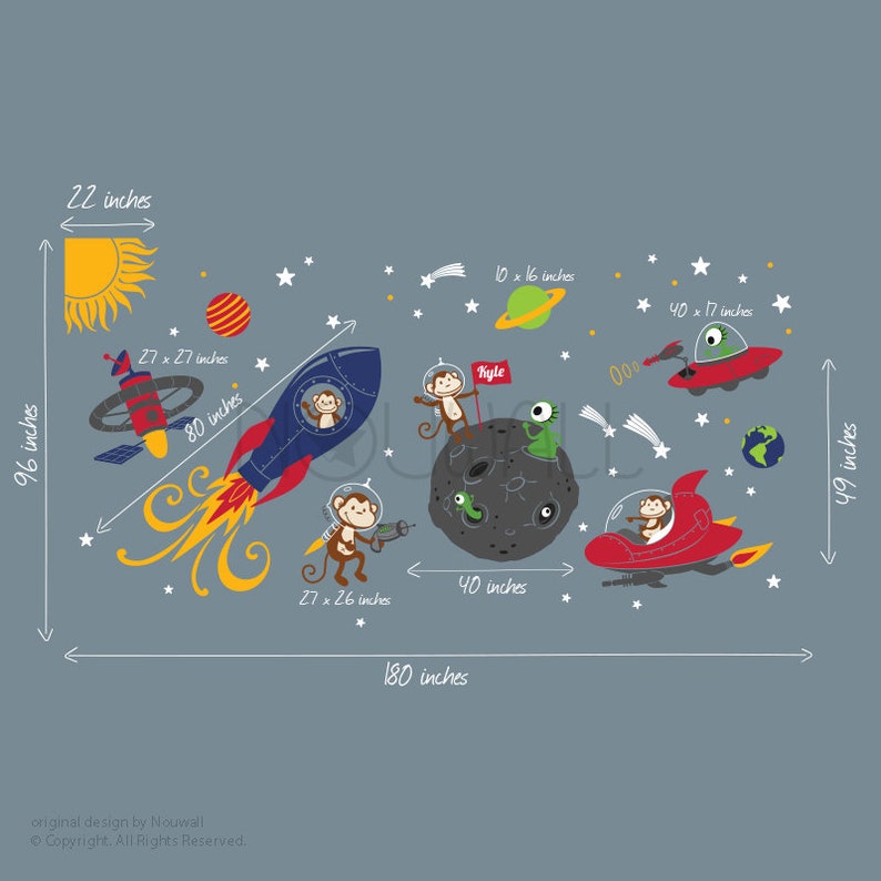 Monkey Wall Decal Rocket Ship Alien Planet Space Astro Boys Children ...