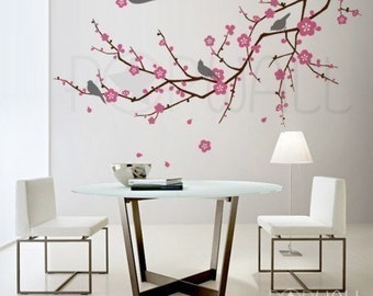 Vinyl Wall Sticker Decal Art Cherry Blossom Tree Branch with Birds Oriental