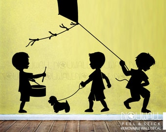 Boys silhouette Playing Drum Flying Kite Walking a Dog wall decals Children Kids Wall Decal Wall Sticker