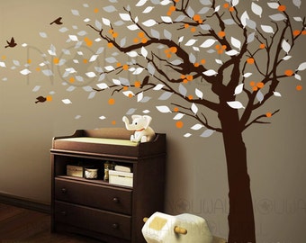 Tree Wall Decals Wall Sticker cherry tree with leaves blowing in the wind with birds wall decal