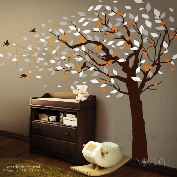 Tree Wall Decals Wall Sticker cherry tree with leaves blowing in the wind with birds wall decal