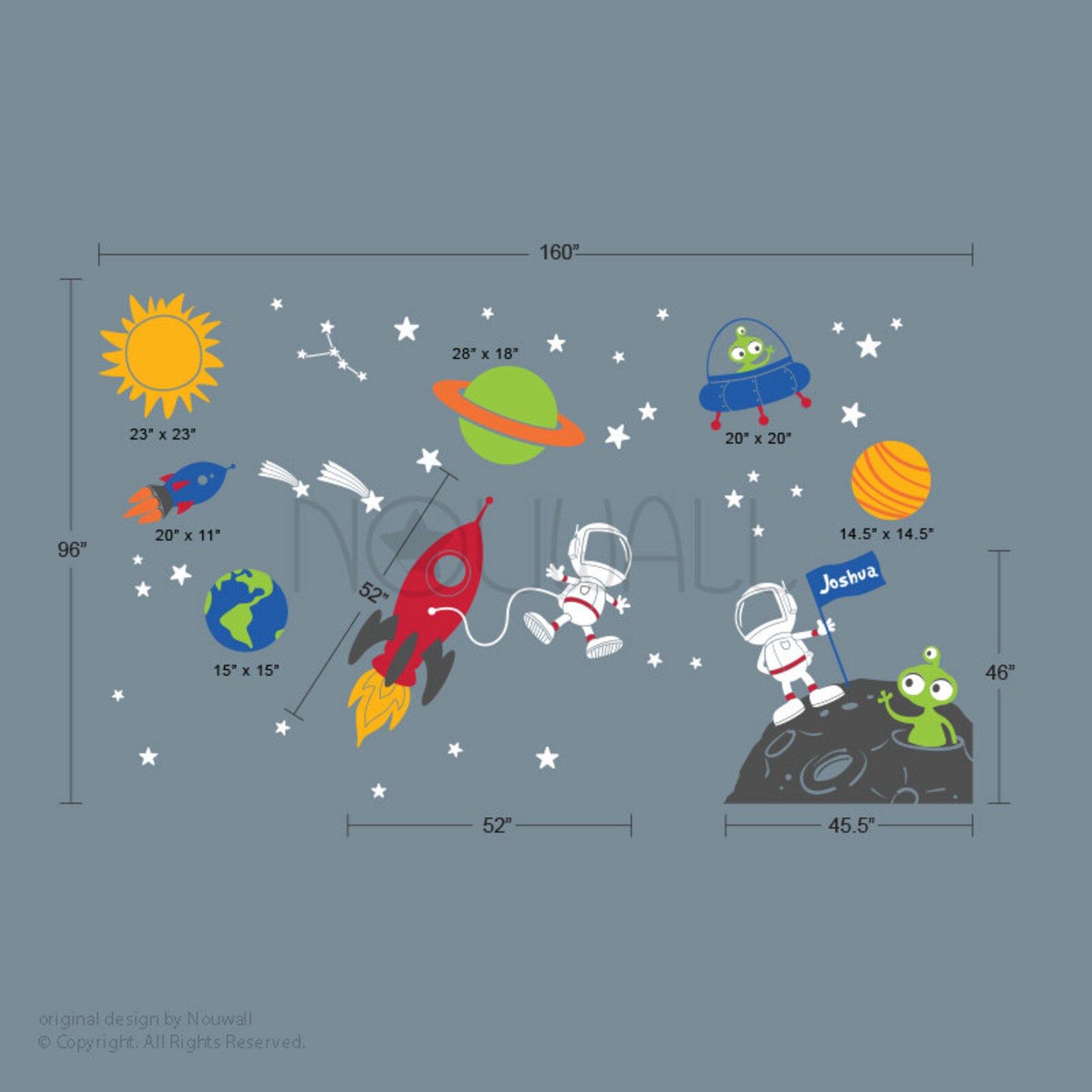 Space Wall Decal Planets Astronaut Boy Star Children Rocket Ship Alien ...