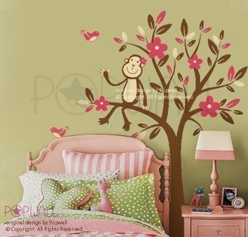 Monkey Sitting on a Flower Tree Wall decal Nursery Wall Decals Wall Sticker wall decor art image 1