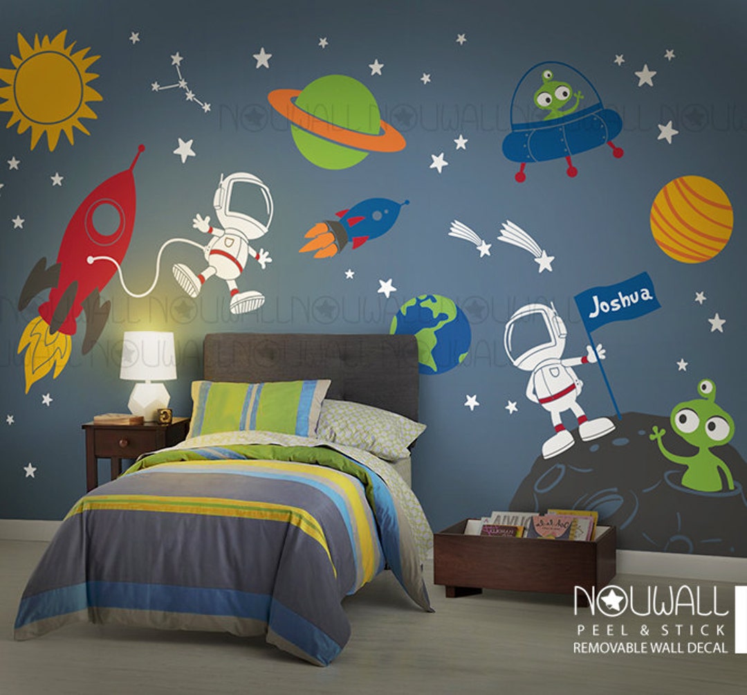 Space Wall Decal Planets Astronaut Boy Star Children Rocket Ship Alien ...
