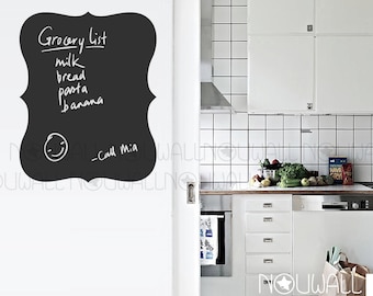 May include: A black chalkboard wall decal with a white frame and a handwritten grocery list that says "Grocery List", "milk", "bread", "pasta", "banana", and "Call Mia". A smiley face is drawn at the bottom left corner of the decal.