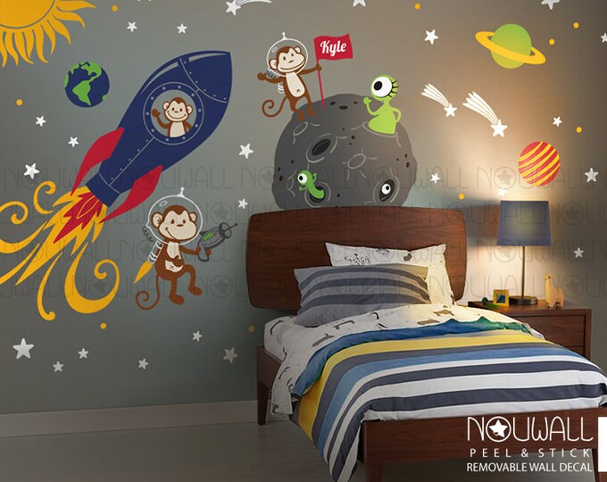 Space Wall Decal Planets Astronaut Boy Star Children Rocket Ship Alien ...
