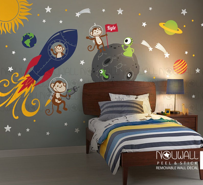 Monkey Wall Decal Rocket ship alien planet space astro boys Children Wall Décor Wall Decal Wall sticker image 1