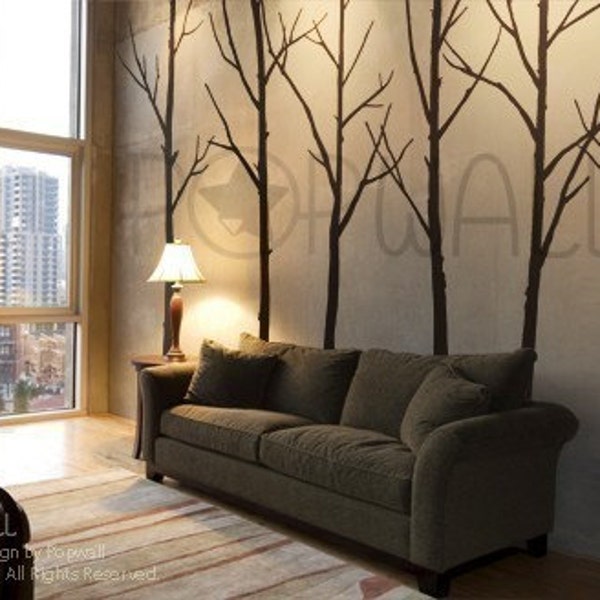 Vinyl Wall  Decal Sticker Art - Winter Trees -  set of 6 trees with 10 FREE FLYING BIRDS - 036