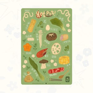 May include: A green rectangular sticker with the words "Hot Pot!" in a stylized font. The sticker features illustrations of various hot pot ingredients, including vegetables, seafood, and meat, with Chinese characters.