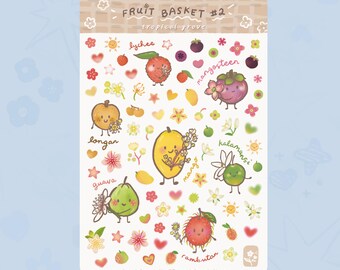 Tropical Grove [Fruit Basket #2] Sticker Sheet! | Blossoms, fruits, hearts, stars | for bujo, planner, calendar, scrapbook, etc.